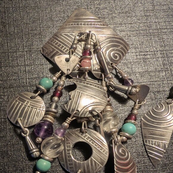 VTG Signed Tabra Earrings Silver Tone Dangle Multi-Layered Multiple Beads Colors - Picture 2 of 8